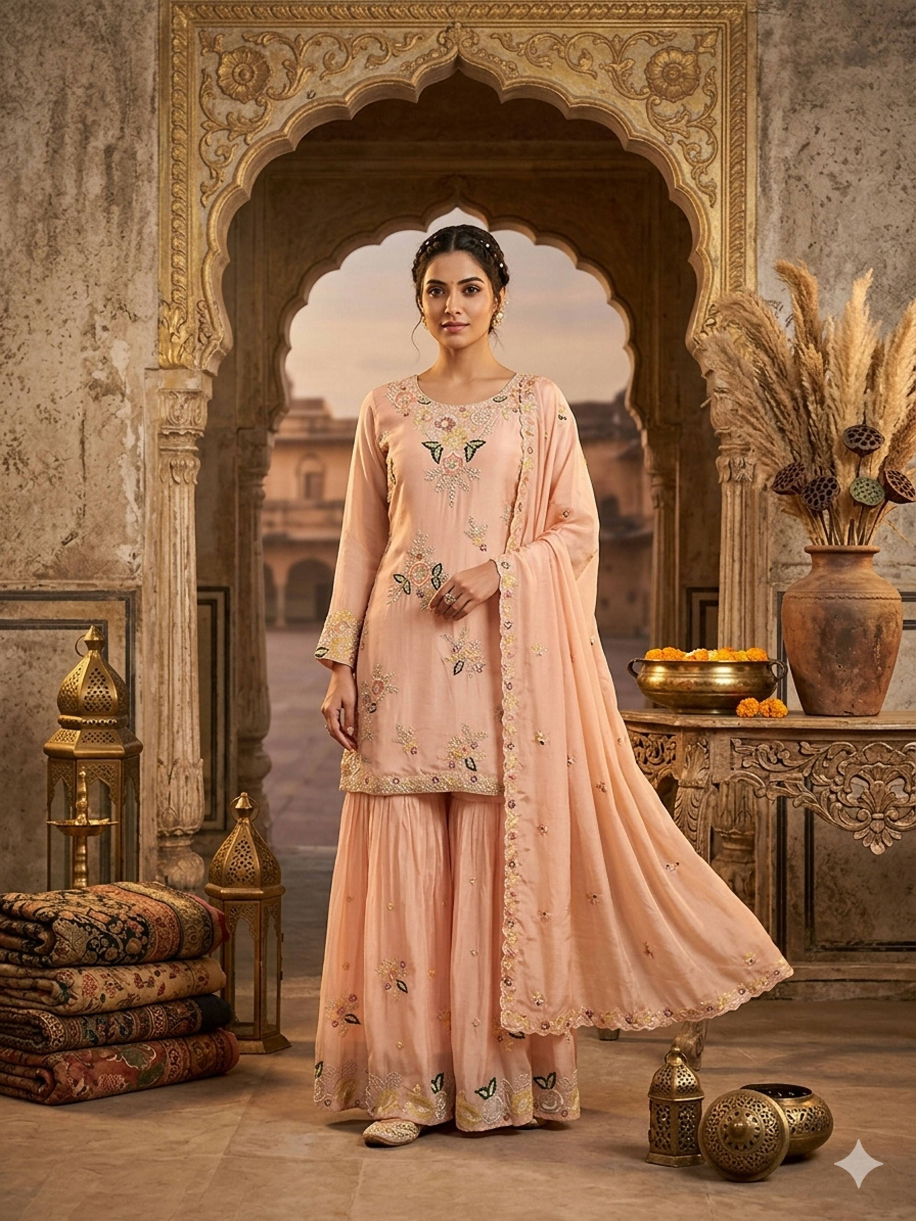 Stylish Designer Stitched Pink Pure Viscose Crepe Embroidery Hand Work Sharara Suit - Anbazaar - Distacart