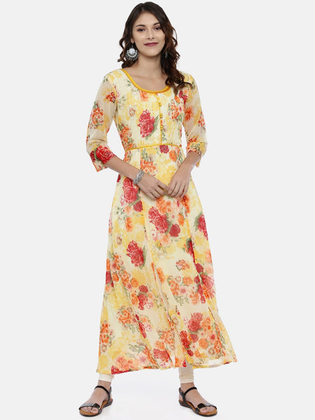 Souchii Yellow Printed A-Line Kurta