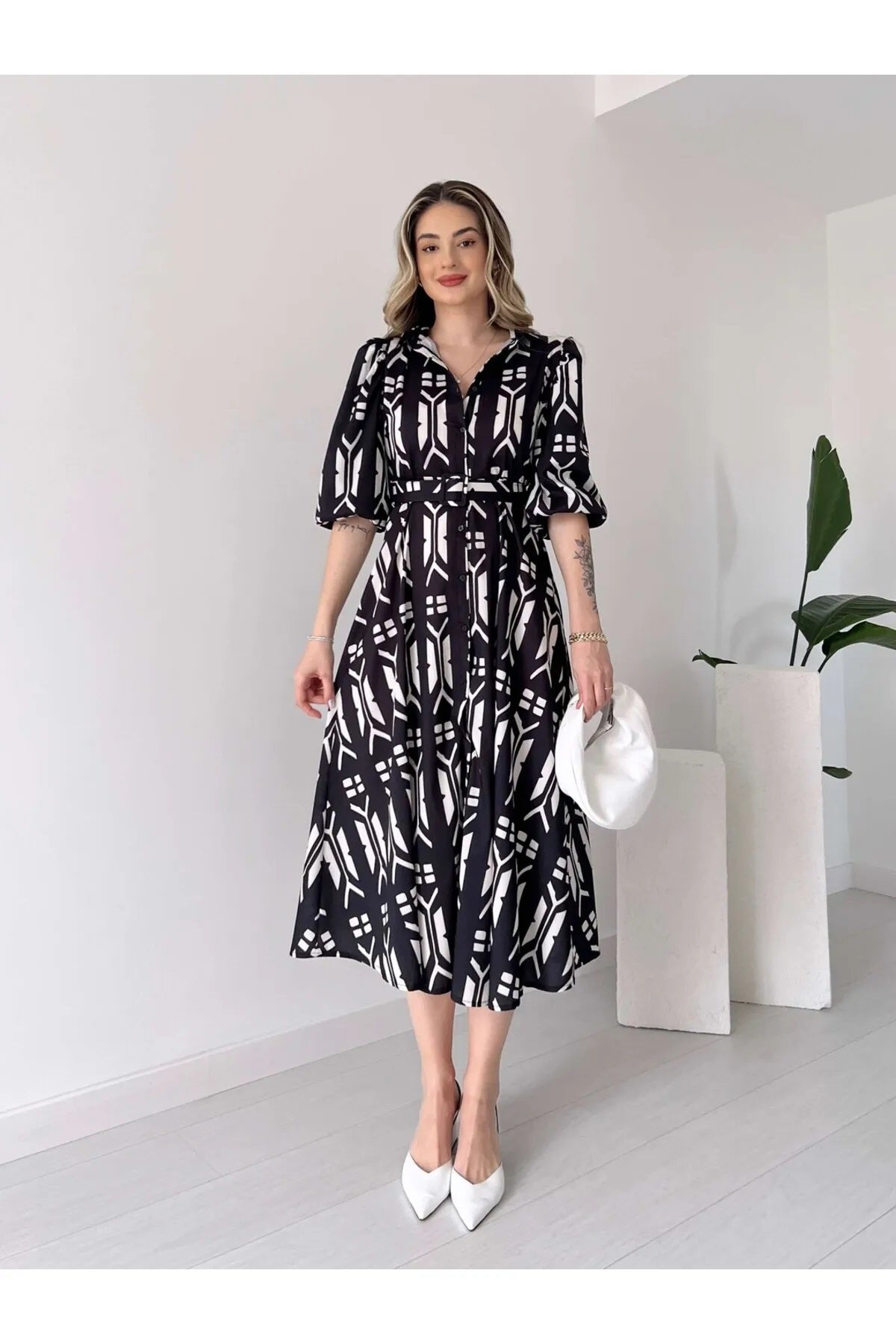 Pimu Shirt Collar Patterned Meghan Dress - Black