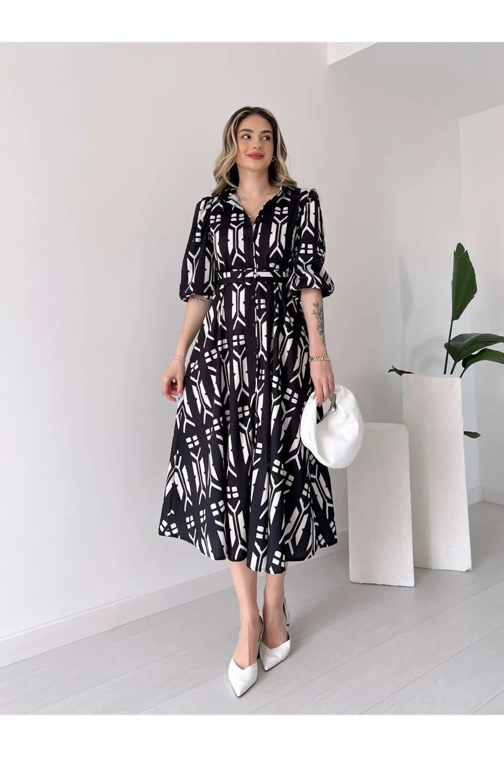 Pimu Shirt Collar Patterned Meghan Dress - Black