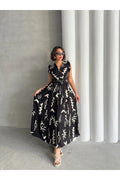 Pimu V-Neck Maxi Dress with Black Graphic Print