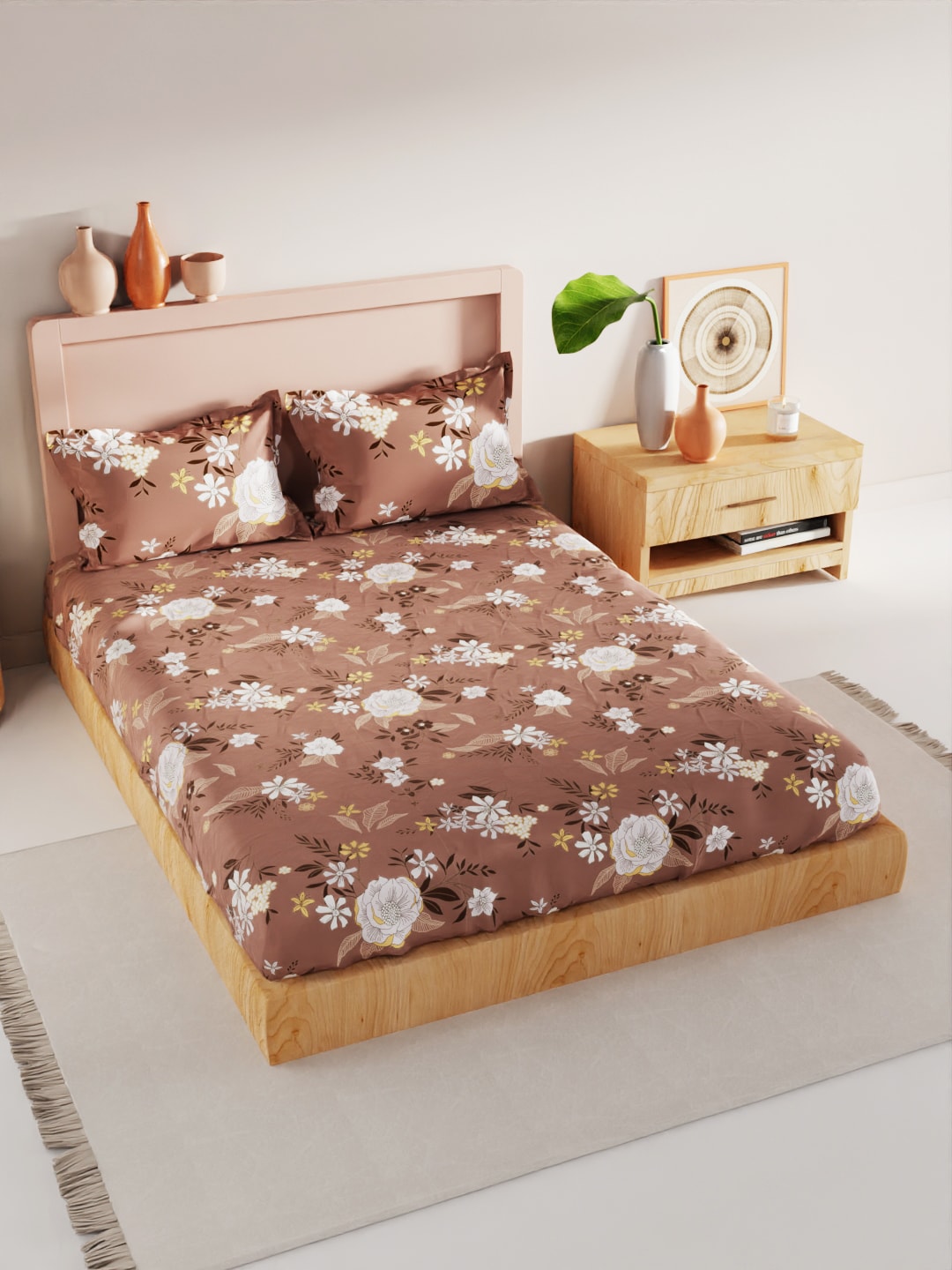BIANCA Brown & White Floral 186 TC King Bedsheet with 2 Pillow Covers