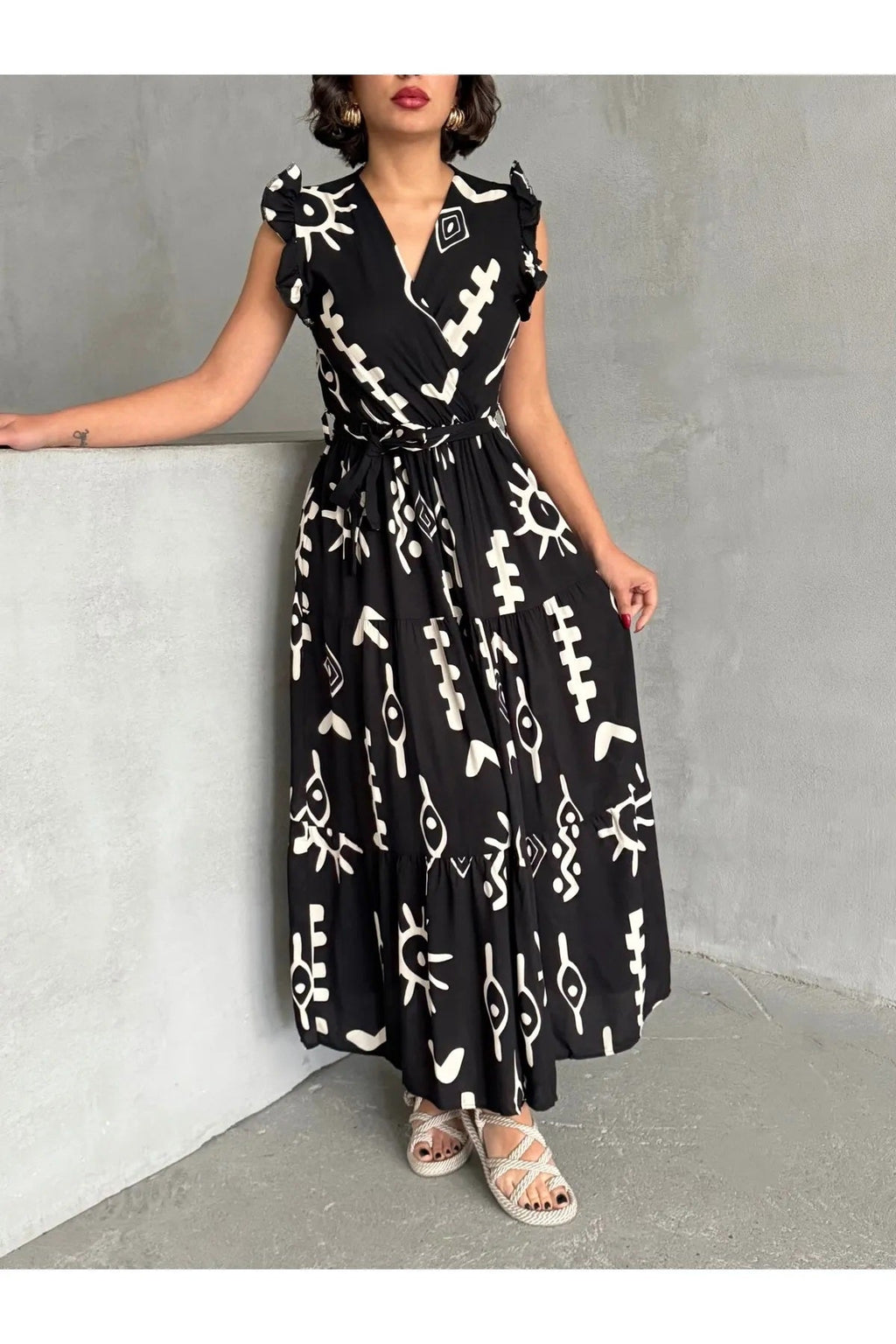 Pimu V-Neck Maxi Dress with Black Graphic Print