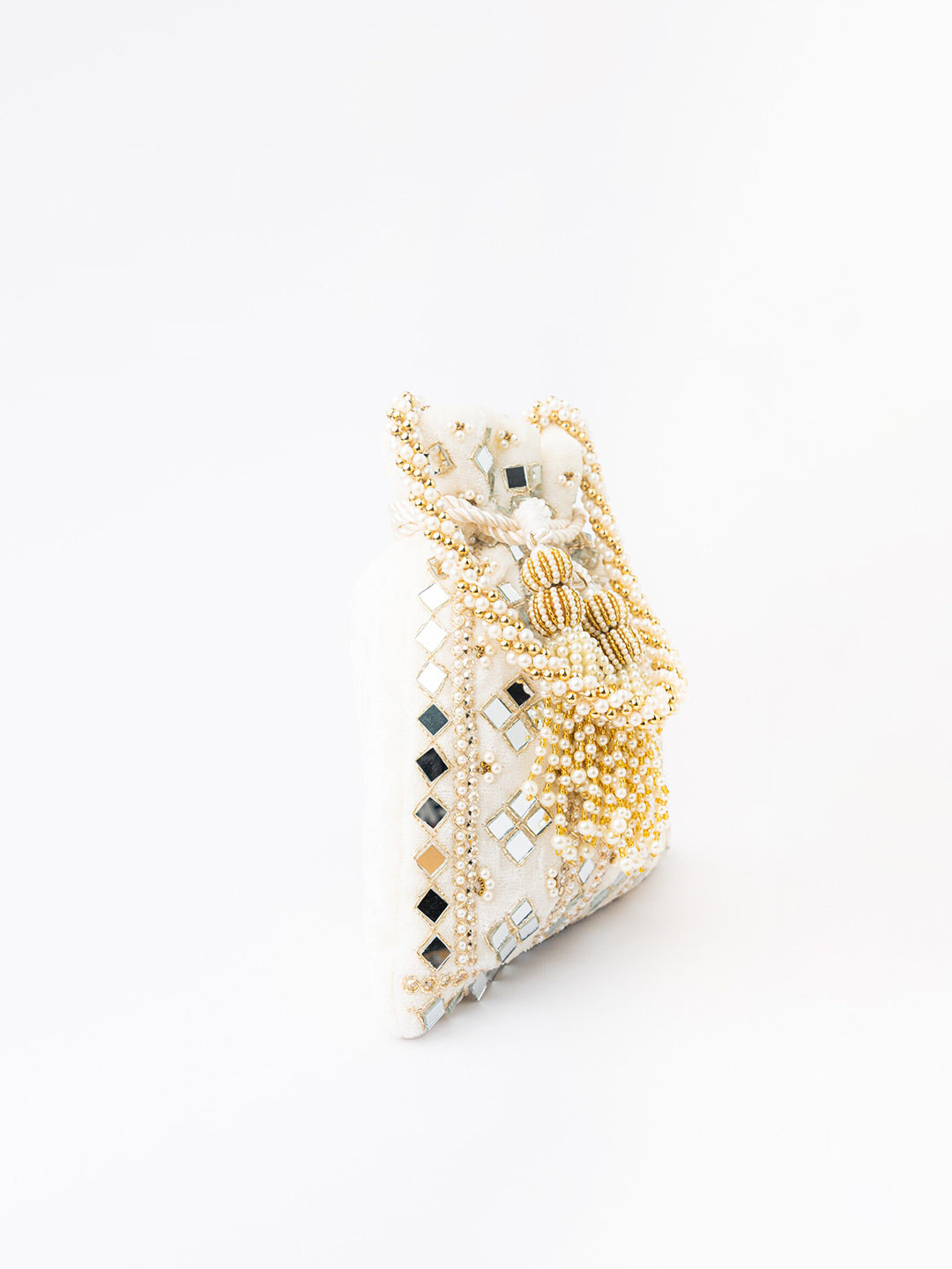 NR By Nidhi Rathi White Mirror Work Embroidered Potli Clutch - Distacart