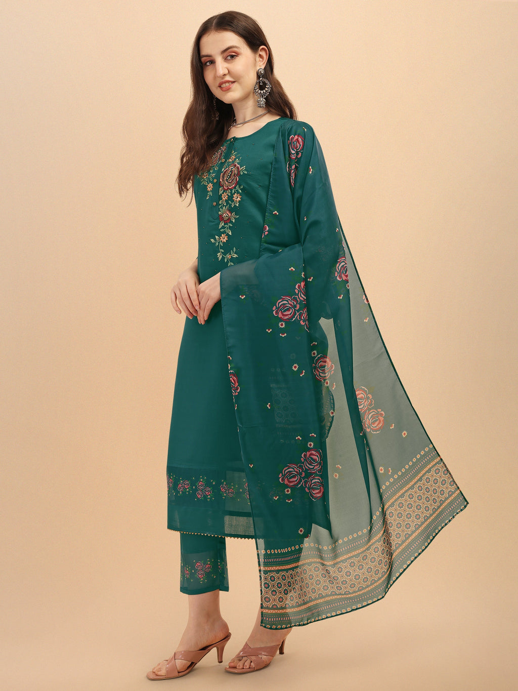 Embroidered Kurta With Pant & Dupatta Set, Multicolor - Hiral Fashion - Distacart