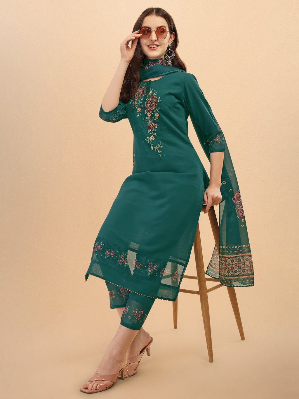 Embroidered Kurta With Pant & Dupatta Set, Multicolor - Hiral Fashion - Distacart