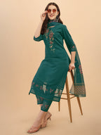 Embroidered Kurta With Pant & Dupatta Set, Multicolor - Hiral Fashion - Distacart