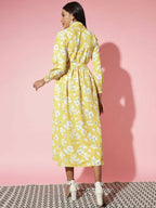 Myshka Women Yellow Floral Rayon A-Line Shirt Collar Dress - Distacart