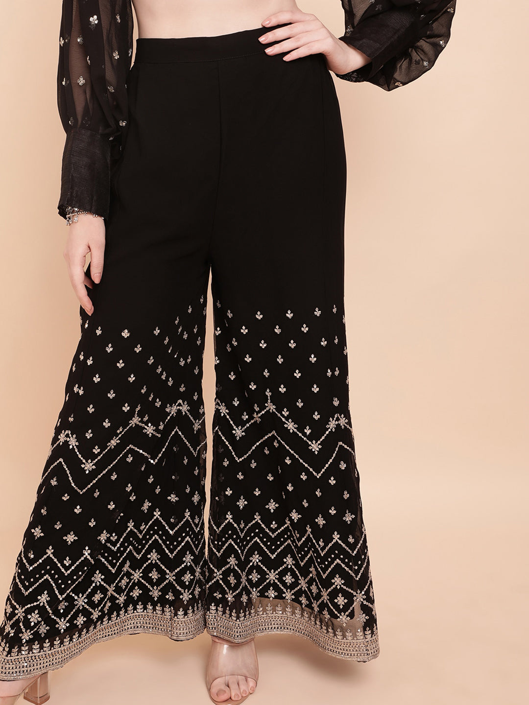 Sangria Black & White Embellished Sequinned Pure Georgette Palazzo Saree - Distacart