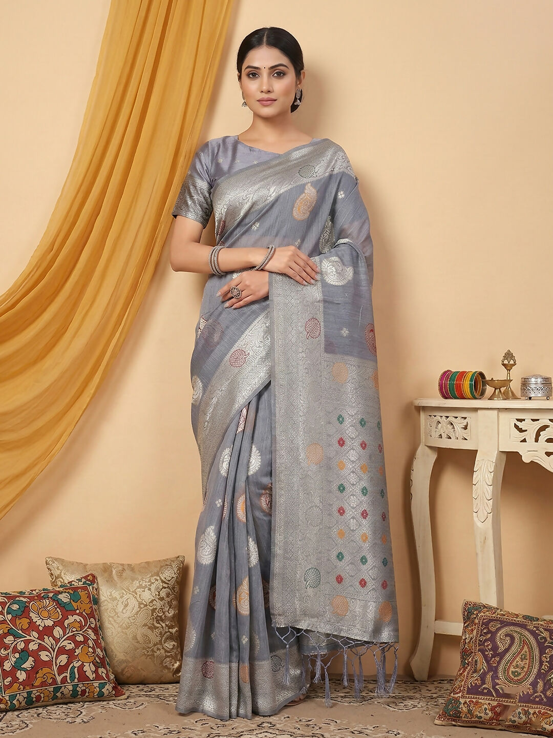 Shree Shyam Fashion Grey Linen Cotton Saree - Distacart