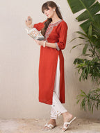 Indo Era Floral Yoke Design Thread Work Cotton Straight Kurta - Distacart