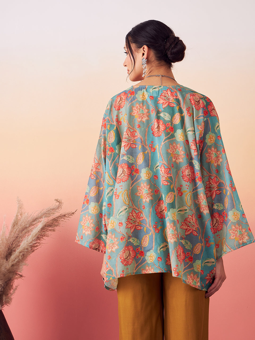 InWeave Women's Light Blue Floral Digital Print Kaftan Boho Top