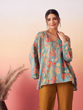 InWeave Women's Light Blue Floral Digital Print Kaftan Boho Top