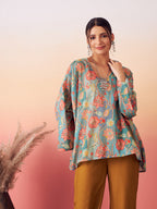 InWeave Women's Light Blue Floral Digital Print Kaftan Boho Top