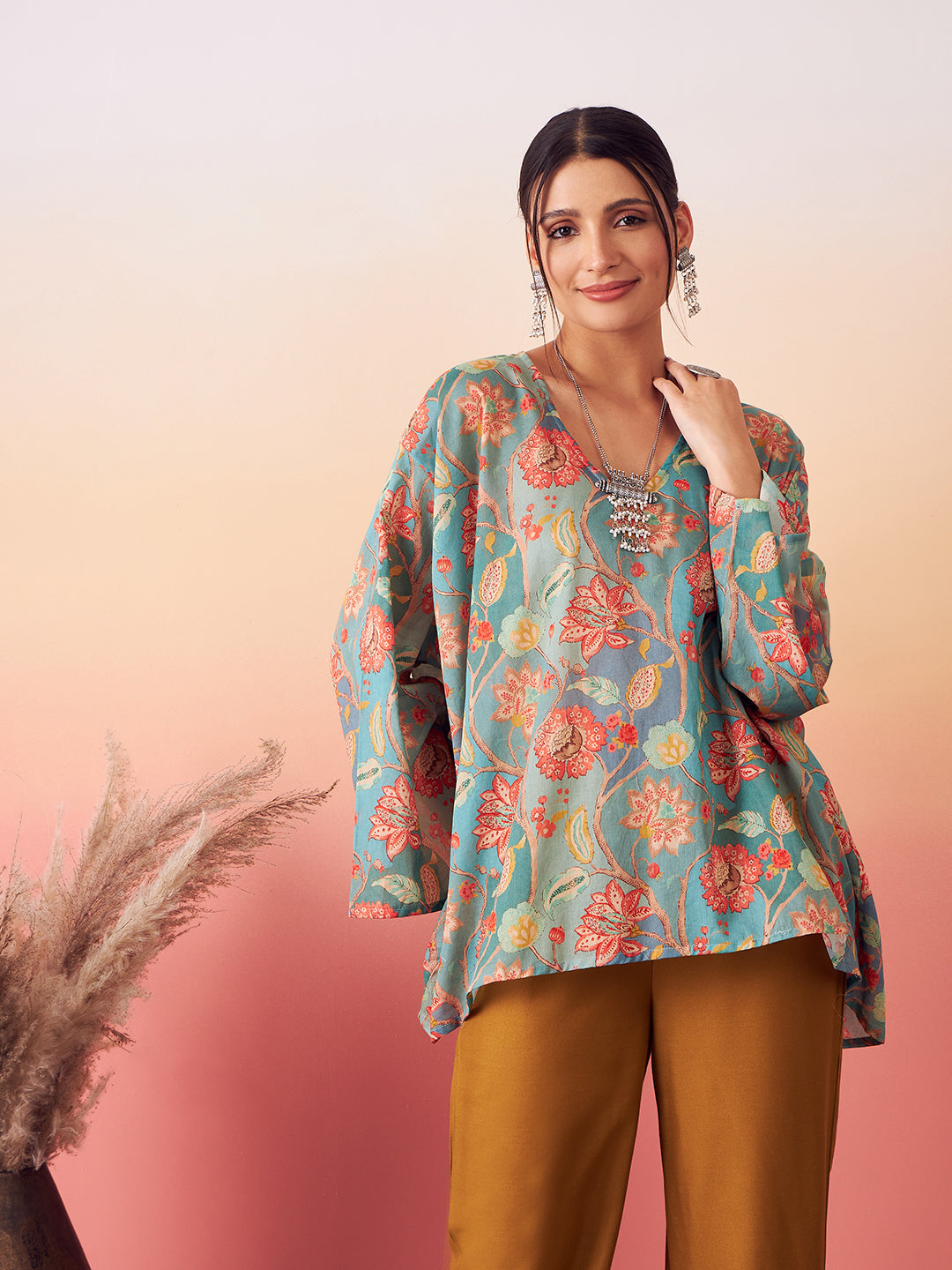 InWeave Women's Light Blue Floral Digital Print Kaftan Boho Top