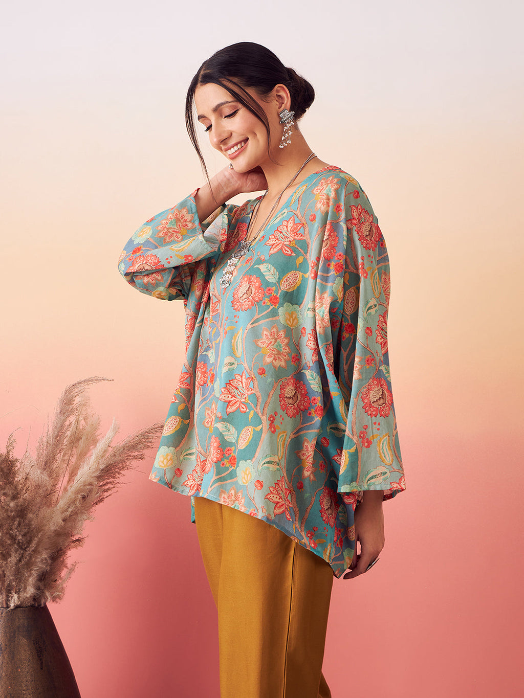 InWeave Women's Light Blue Floral Digital Print Kaftan Boho Top