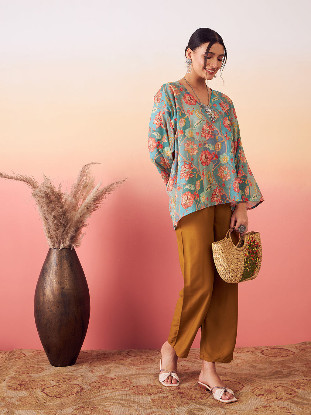 InWeave Women's Light Blue Floral Digital Print Kaftan Boho Top