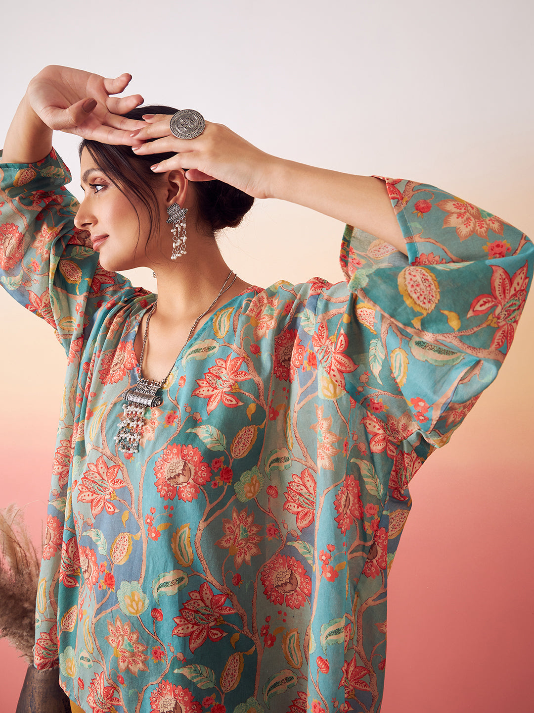 InWeave Women's Light Blue Floral Digital Print Kaftan Boho Top