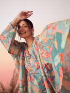 InWeave Women's Light Blue Floral Digital Print Kaftan Boho Top