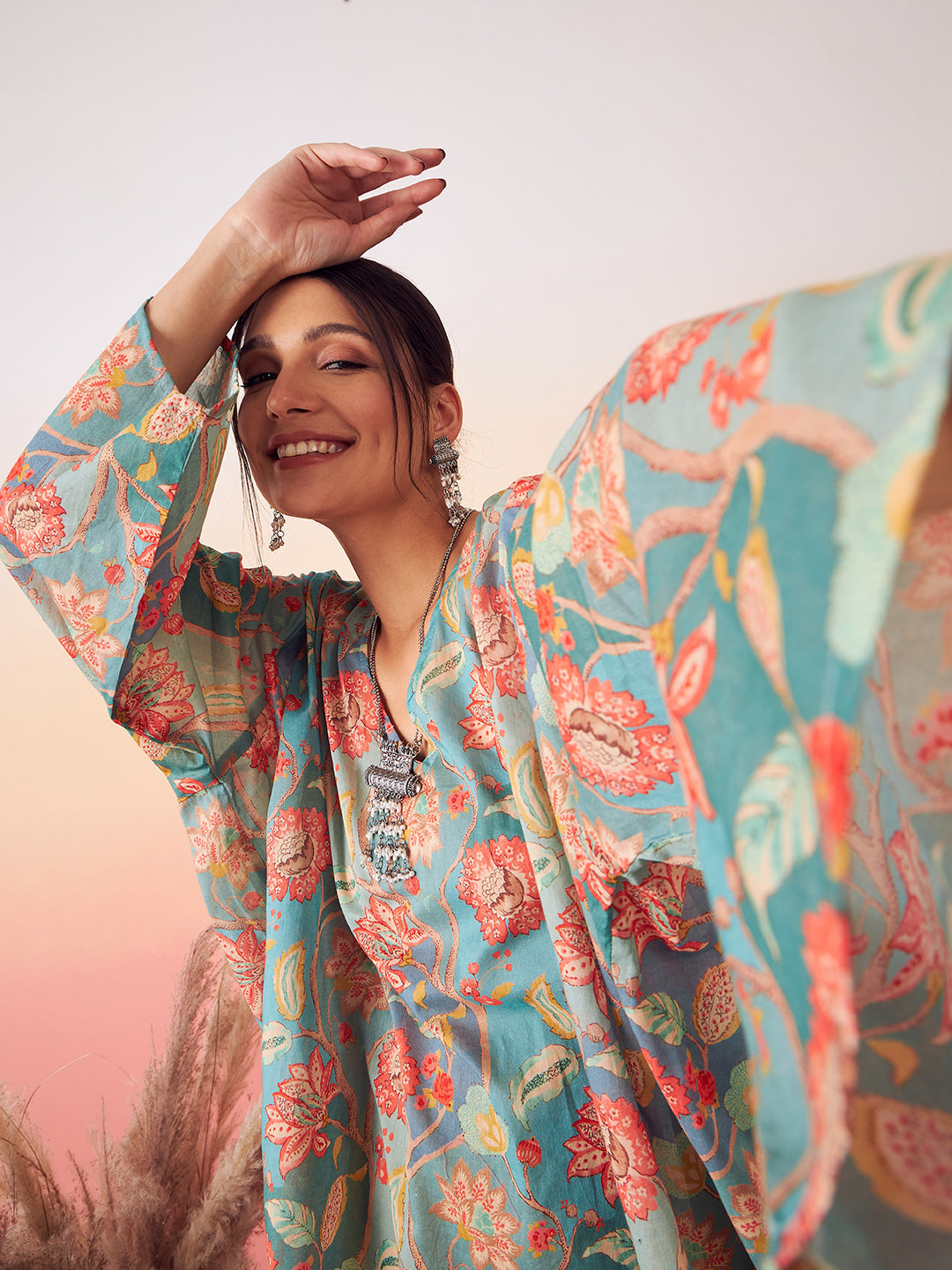 InWeave Women's Light Blue Floral Digital Print Kaftan Boho Top