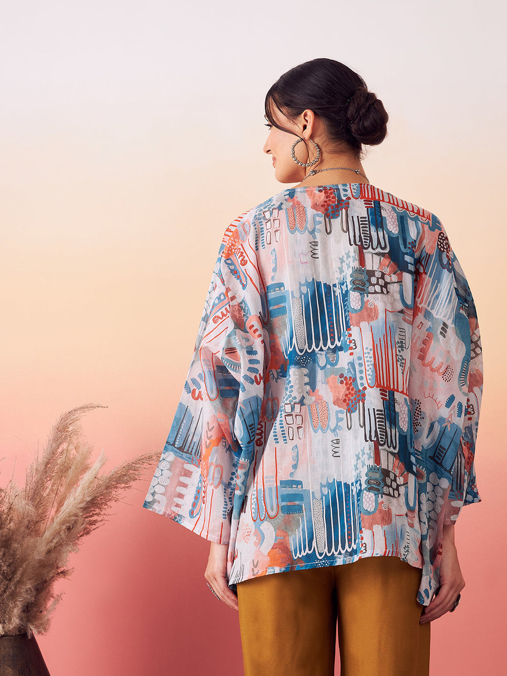InWeave Women's Powder Blue Digital Print Kaftan Boho Top