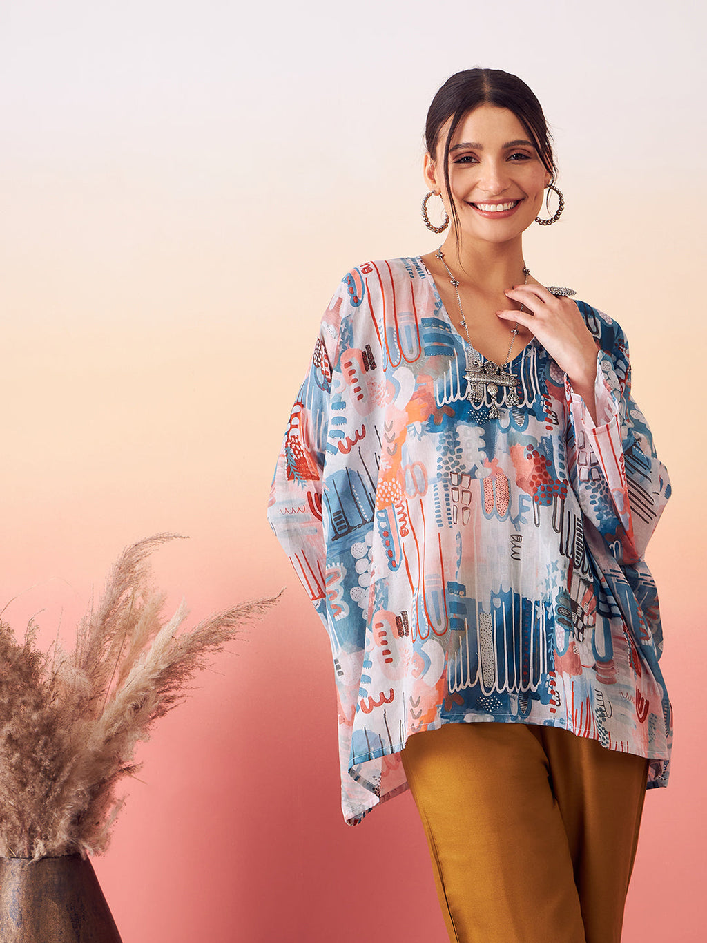 InWeave Women's Powder Blue Digital Print Kaftan Boho Top