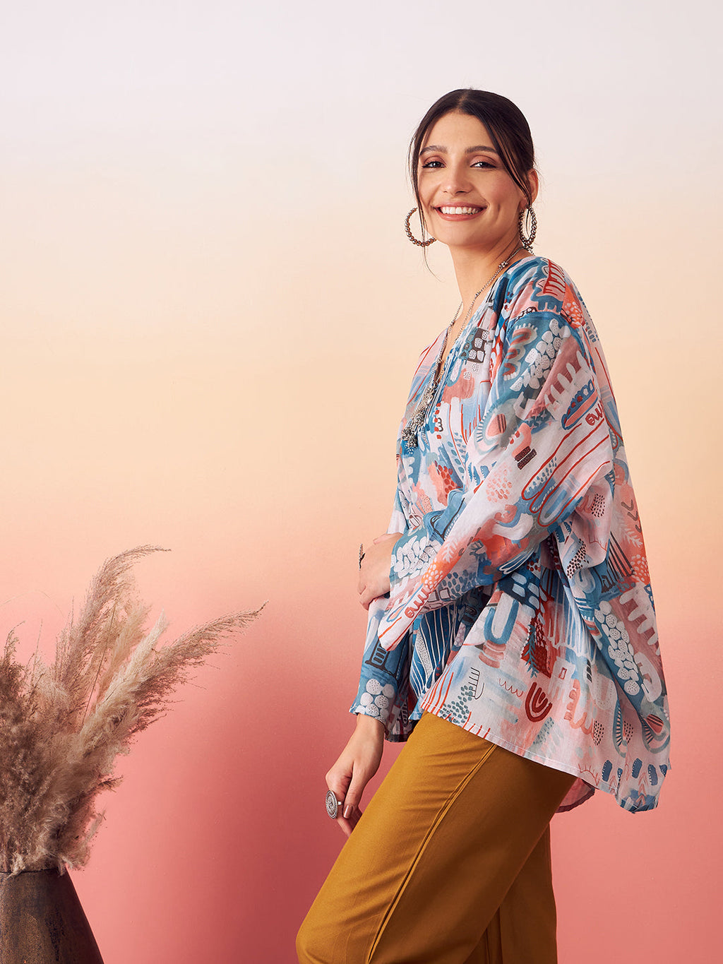 InWeave Women's Powder Blue Digital Print Kaftan Boho Top