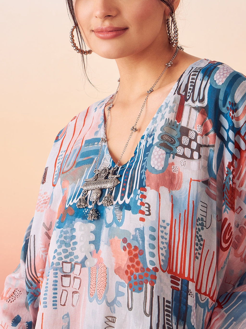 InWeave Women's Powder Blue Digital Print Kaftan Boho Top