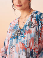InWeave Women's Powder Blue Digital Print Kaftan Boho Top