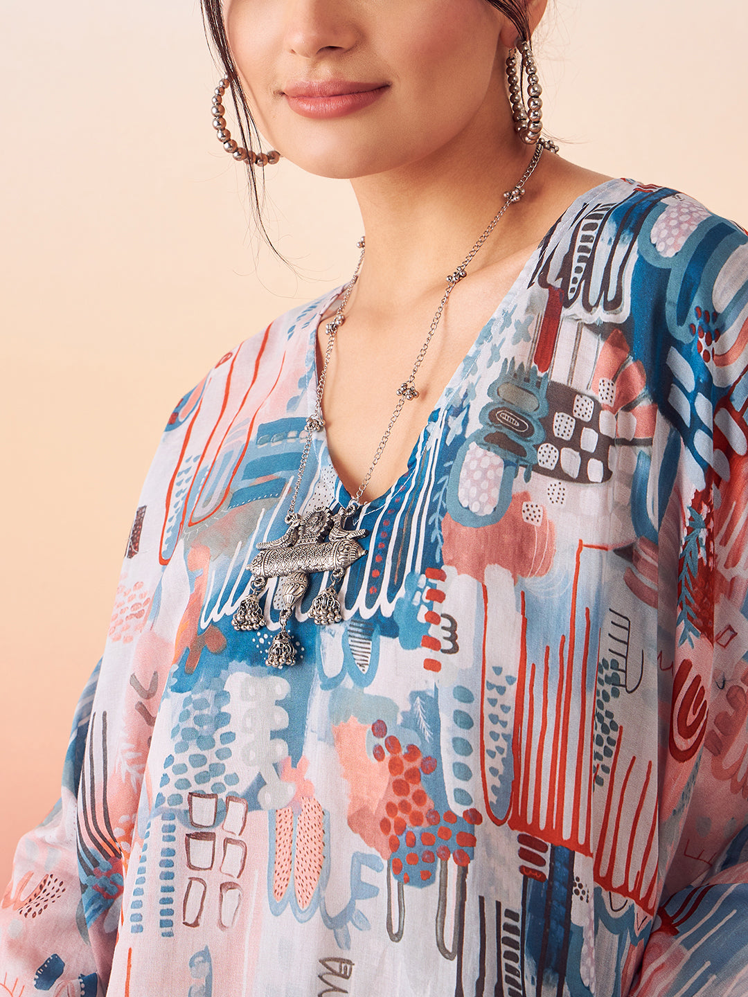 InWeave Women's Powder Blue Digital Print Kaftan Boho Top