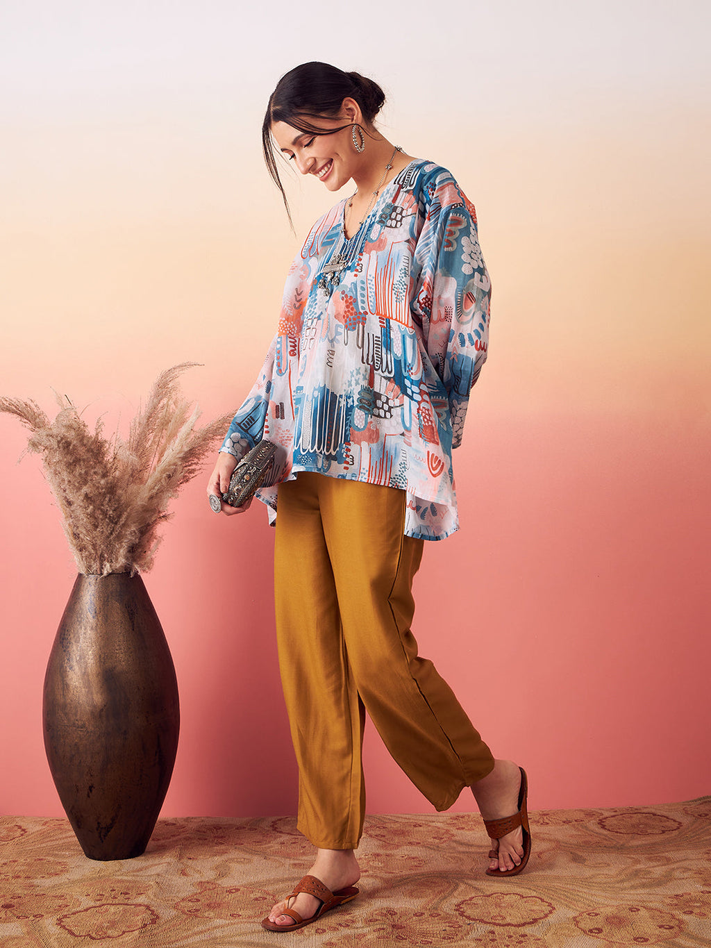 InWeave Women's Powder Blue Digital Print Kaftan Boho Top