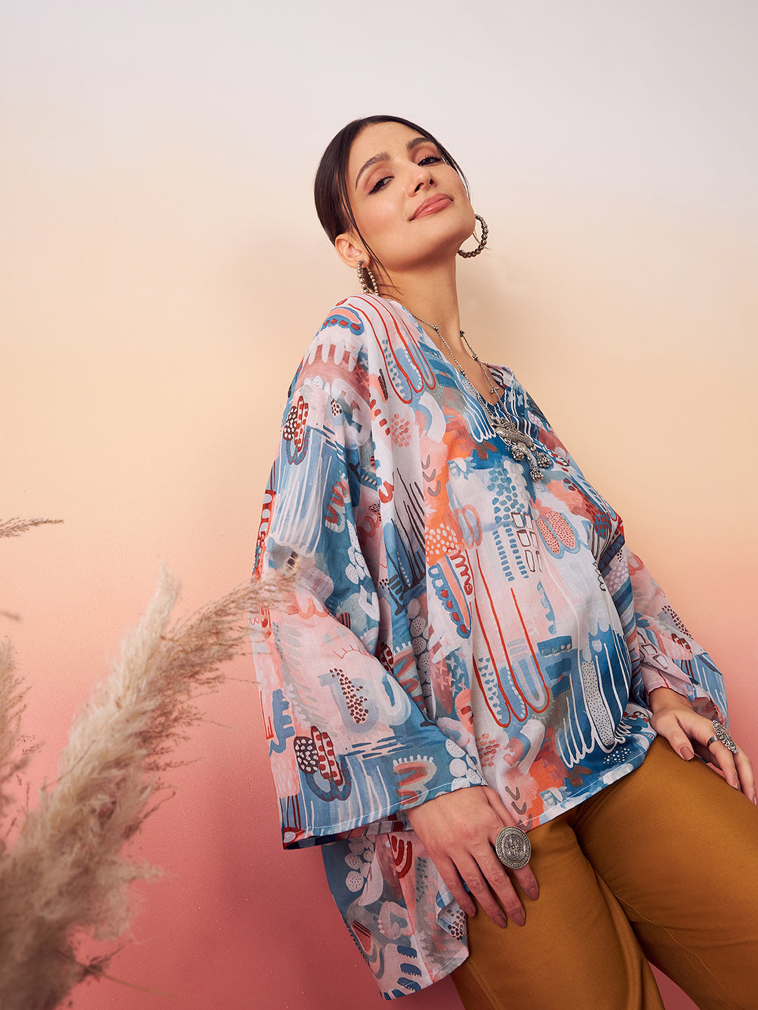 InWeave Women's Powder Blue Digital Print Kaftan Boho Top