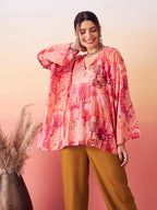 InWeave Women's Peach Red Digital Print Kaftan Boho Top