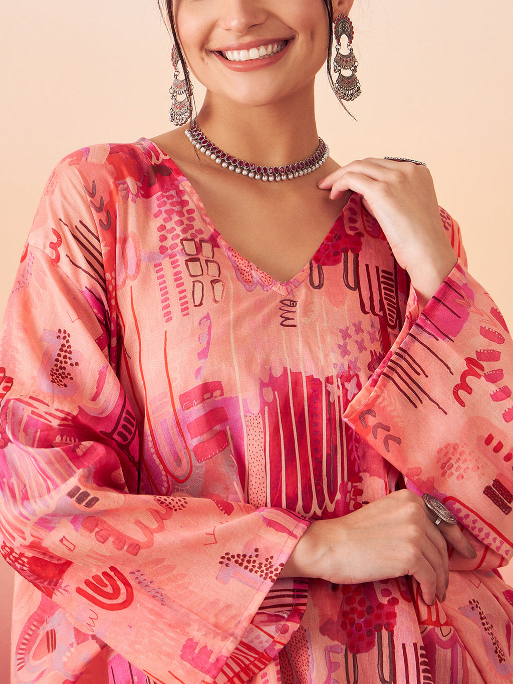 InWeave Women's Peach Red Digital Print Kaftan Boho Top