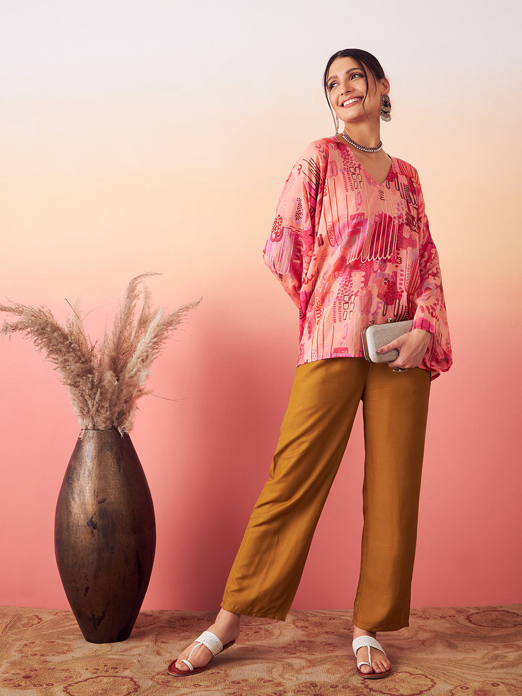 InWeave Women's Peach Red Digital Print Kaftan Boho Top