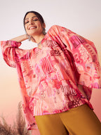 InWeave Women's Peach Red Digital Print Kaftan Boho Top