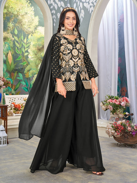 Anaita Black Heavy Embroidered Faux Georgette Stitched Plazzo Suit