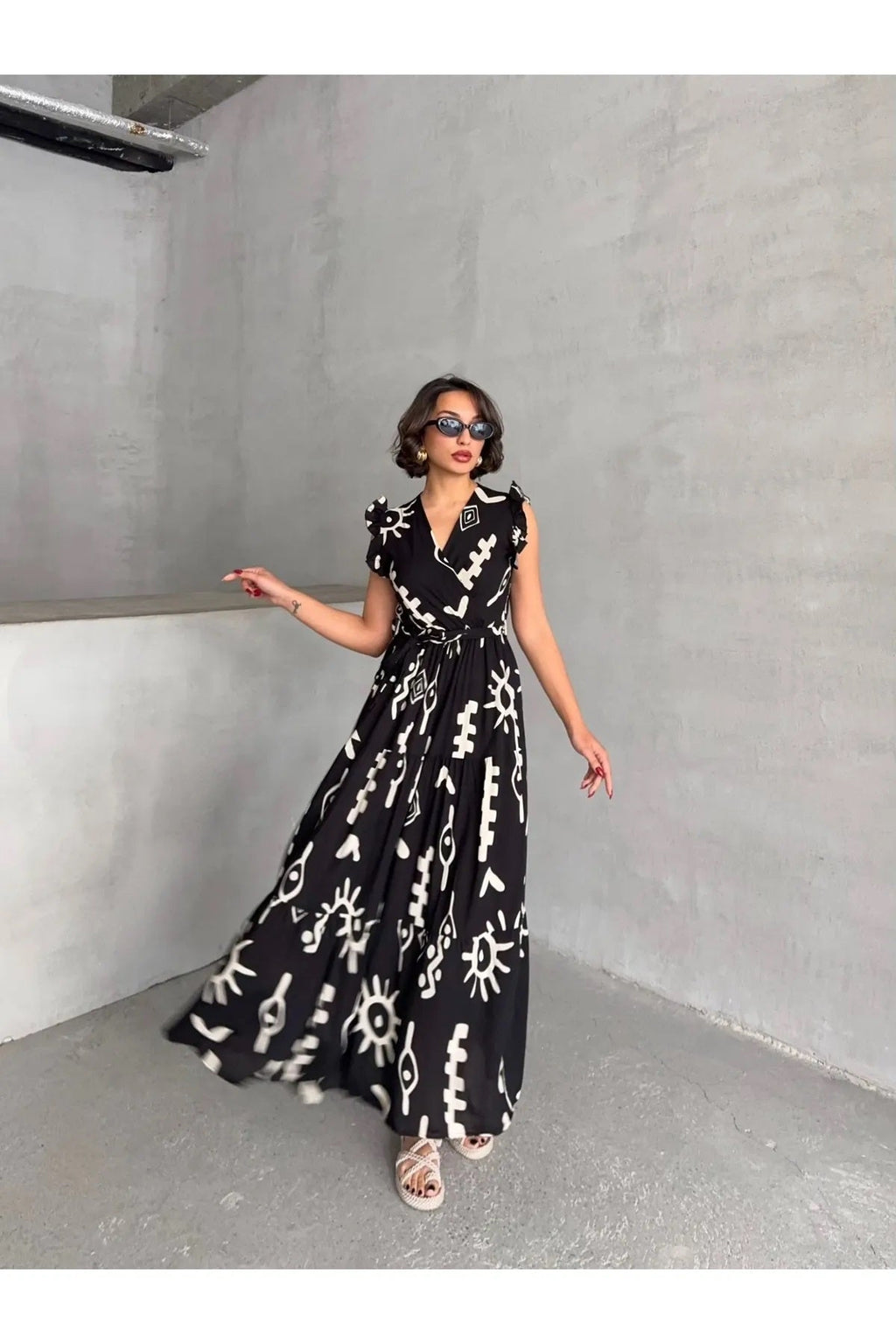 Pimu V-Neck Maxi Dress with Black Graphic Print