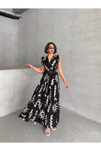 Pimu V-Neck Maxi Dress with Black Graphic Print