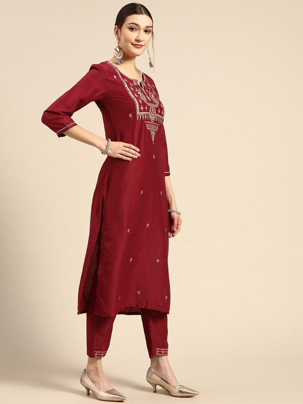 Sangria Women Red Ethnic Motifs Embroidered Pure Cotton Kurta with Trousers & With Dupatta