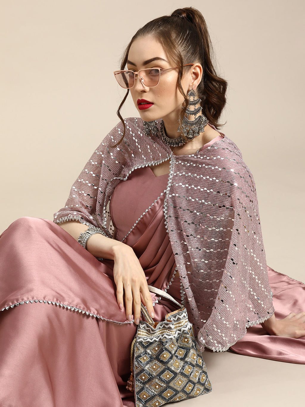 Tikhi Imli Trendy Mauve Sleek Poly Crepe Saree with Embellished Border & Cape - Distacart