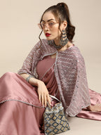 Tikhi Imli Trendy Mauve Sleek Poly Crepe Saree with Embellished Border & Cape - Distacart