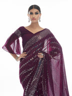 Myra Wine Georgette Embroidered Designer Saree - Distacart