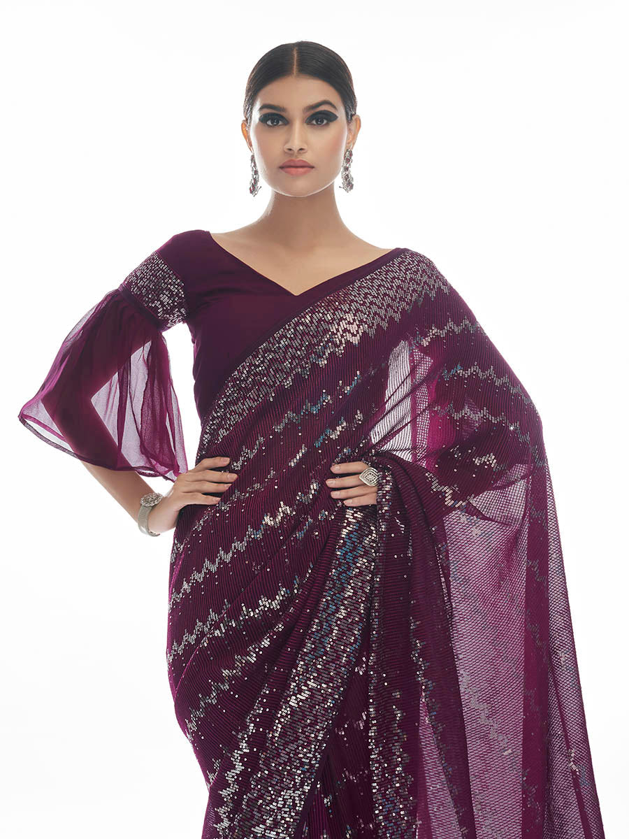 Myra Wine Georgette Embroidered Designer Saree - Distacart
