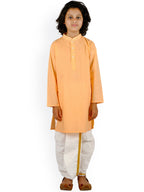 Sethukrishna Boys Orange Embroidered Pure Cotton Kurta with Churidar