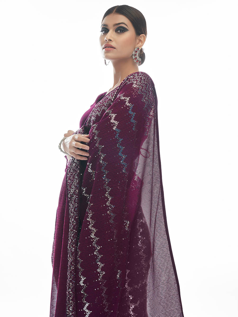 Myra Wine Georgette Embroidered Designer Saree - Distacart