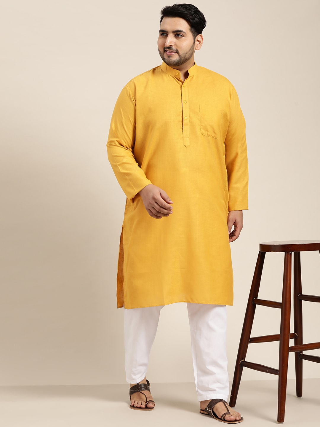Sojanya Plus Size Men Mustard Yellow Pure Cotton Kurta