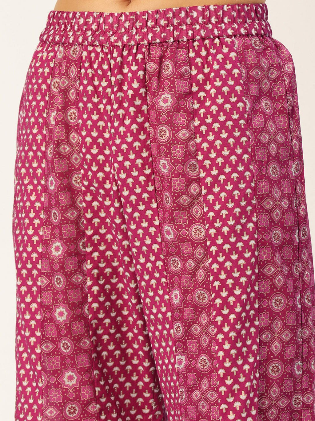HERE&NOW Women Pink And Black Ethnic Printed Pure Cotton Kurti With Palazzo And Dupatta