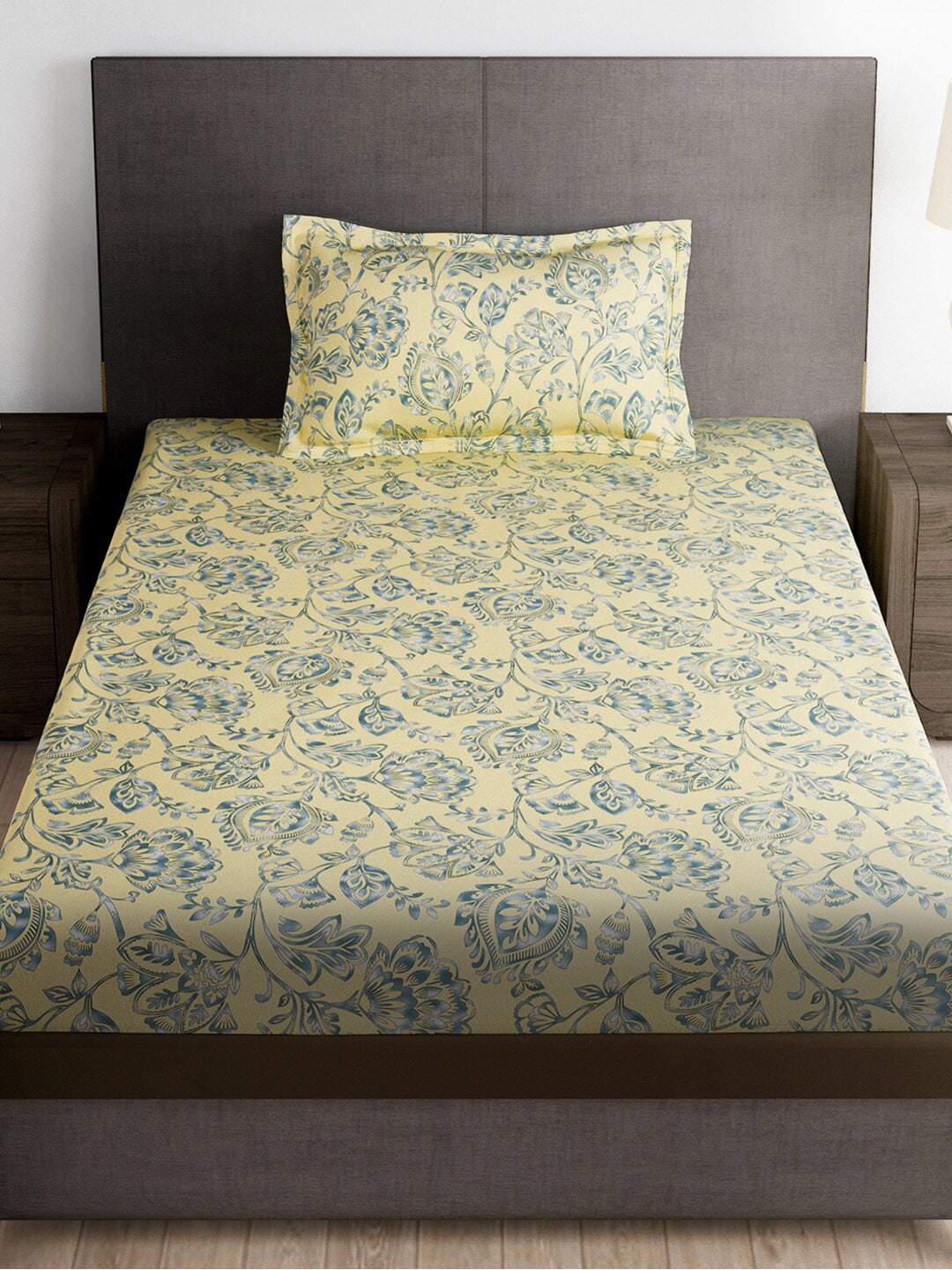 Story@home Cream-Coloured & Grey Floral Microfiber 180 TC Bedsheet & Pillow Cover - Distacart