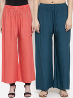 TAG 7 Women Set Of 2 Navy Blue & Peach-Coloured Solid Wide Leg Palazzos
